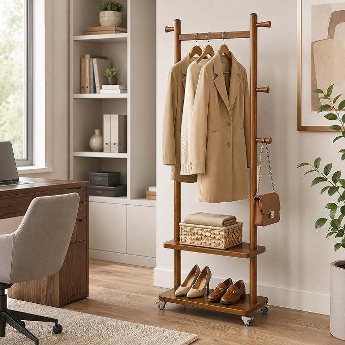 Taitiy Coat Rack Freestanding Solid Wood with Wheels 2 Shelves 5 Hooks | 100% solid rubberwood,hidden 360° silent wheels,2 tier shelves,5 hooks,small clothing rack,entryway bedroom living room