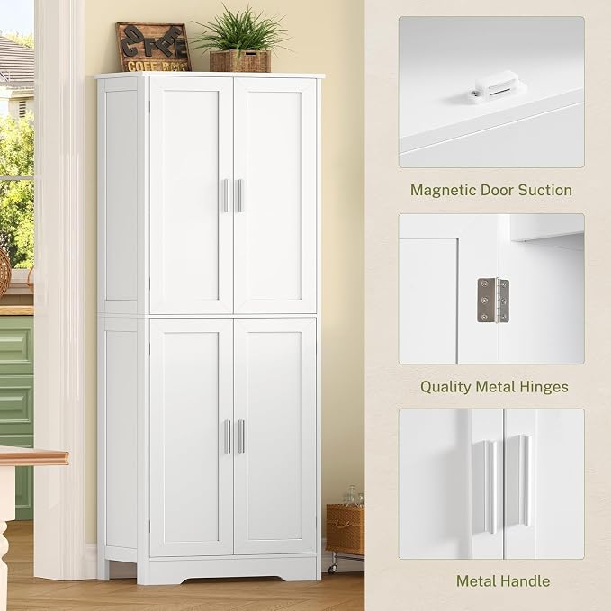 TEENFON 67” Storage Cabinet, Kitchen Pantry Cabinet with 4 Doors and 2 Adjustable Shelves, Cupboard, Tall Bathroom Cabinets for Dining Room, Living Room, White