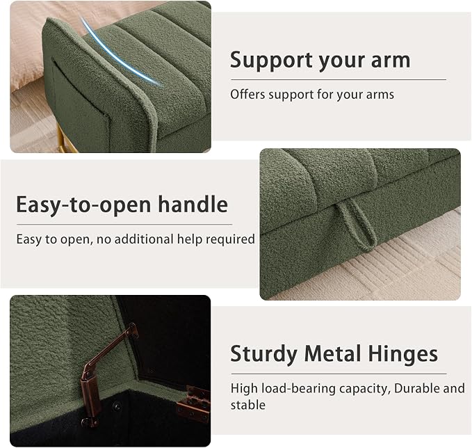 66'' King Size Storage Bench for Bedroom, Teddy Boucle End of Bed Benches for Foot of Bed, Storage Ottoman Bench with Golden Legs and Pockets for Living Room Window Entryway, Green