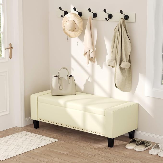 AKMAKM 49''W Storage Ottoman Bench, 30 Gallons End of Bed Bench, Faux Leather, Mid Century Modern, Upholstered Bench with Storage and Seat for Entryway, Living Room, Holds up to 350 lb, White