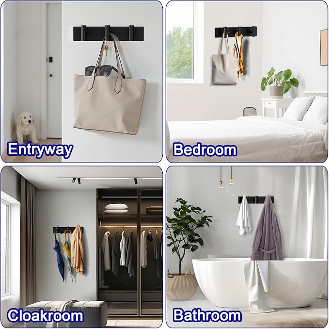 Bntuk Coat Rack Wall Mount - 3 Coat Hooks, Towel Racks for Bathroom Robes Bags Keys, Hat Rack Wall Towel Hooks Organizer (Black)
