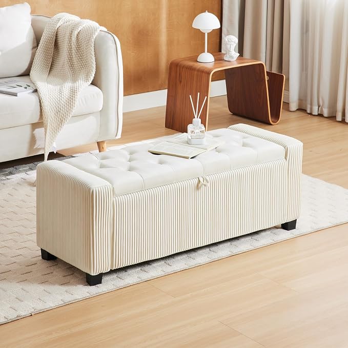 Storage Ottoman Bench, Bench for Bedroom End of Bed, Ottoman with Storage for Living Room and Entryway (Velvet White)