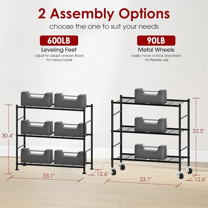 Sakugi 3-Tier Storage Shelves 33.1" x12.6" x32.5" Black with Wheels | Kitchen, Closet, Pantry, Garage, Heavy Duty, Adjustable Feet, Metal Construction