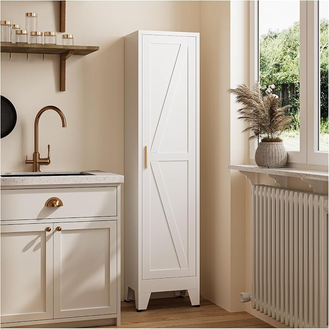 67" Tall Storage Cabinet with Reversible Doors and Adjustable Shelves,Metal Slim Freestanding Cabinet for Bathroom Kitchen Garage Small Spaces,White1 Pack