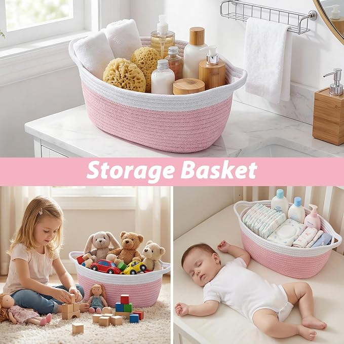 woric Baby Gifts Basket 12 x 8 x 5 in Woven Basket Rope Baskets | Soft Cotton for Wedding Gifts Empty Baby Shower Toy Storage Girls Birthday (Pink with Gift Bag Card Ribbon Tissue Paper)