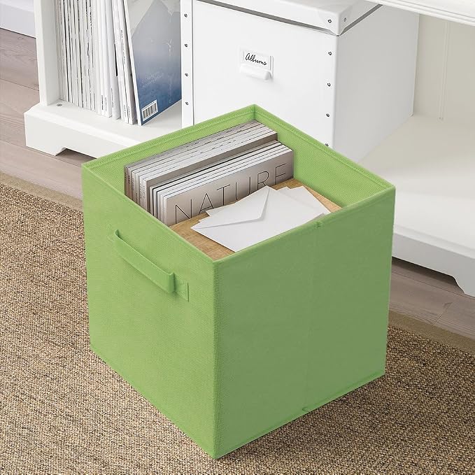 PowerKing Collapsible Storage Cubes, Farbic Storage Bins, Green, 6 Pack | Sturdy, Lightweight, Easy Pull Handle, Closet & Shelf Organizer, Clothes and Toys Storage, 10.5'' x 11'' x 10.5''