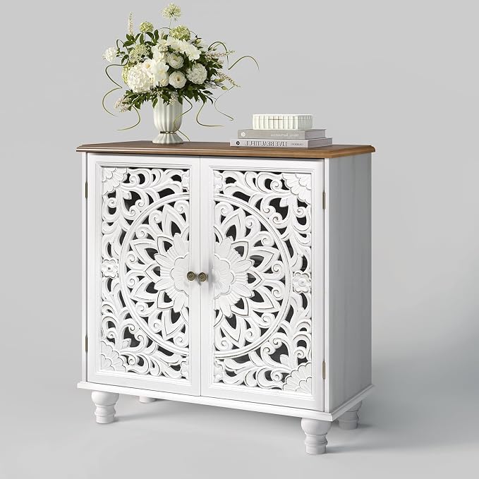 JOINICE 31" Accent Storage Cabinet with Carved Doors,Mandala White | Carved Floral Design, Solid Wood Legs, Boho/Farmhouse, Versatile Storage for Living Room & Bedroom & Hallway, Easy Assembly