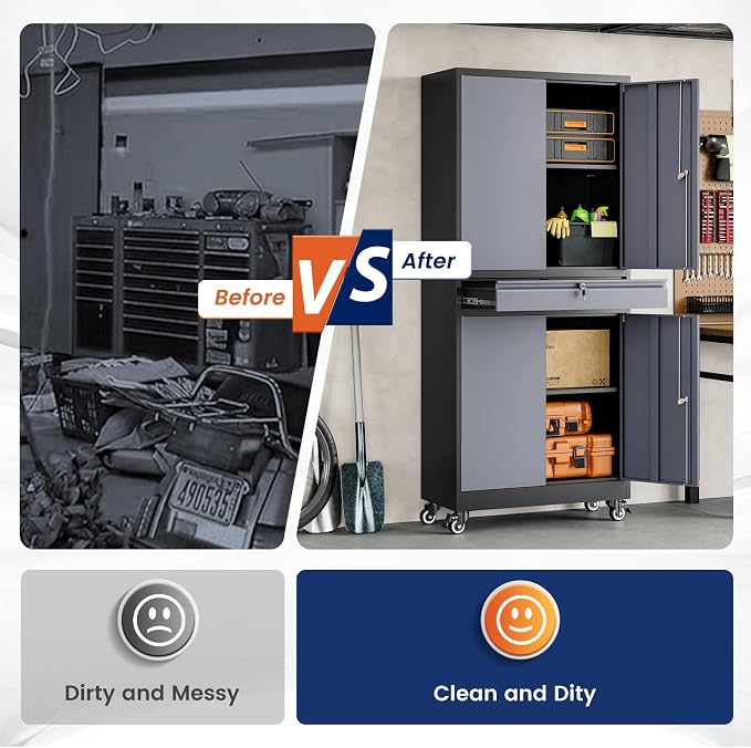 Yizosh Metal Garage Storage Cabinet with Locking Doors and Adjustable Shelves, -73" Steel Rolling Tool Storage Cabinet with 4 Wheels and 1 Drawer for Garage,Office,Warehouse