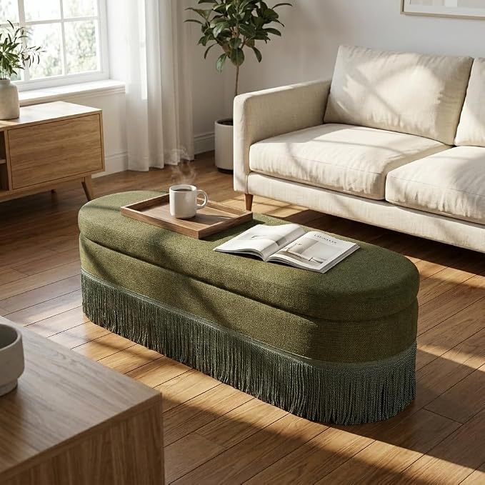 39.4“ Boho Storage Ottoman Bench with Tassels,Upholstered End of Bed Bench | Linen Oval Ottoman with Storage, Entryway Foot Rest for Bedroom, Lift-Top Lid with Safety Hinge, Living Room& Window, Green