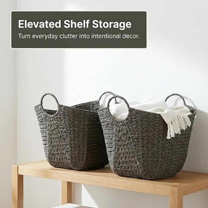 Household Essentials Handwoven Paper Rope Storage Basket with Metal Frame and Handles, Gray