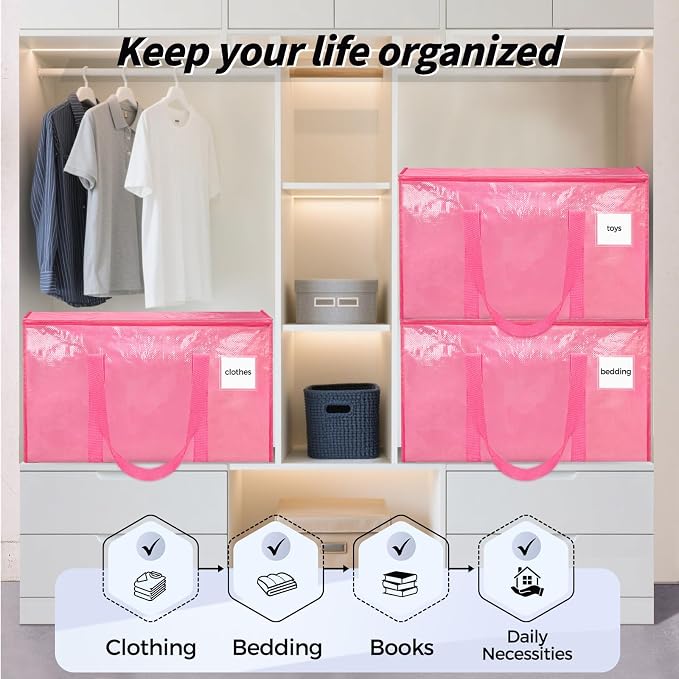 16 Pack Extra Large Clothes Storage Bins with Lids, Storage Bags with Reinforced Handles & Heavy-Duty Zippers, Moving Bags, Moving Boxes Totes for Clothes Packing, Dorms, College Supplies, Pink
