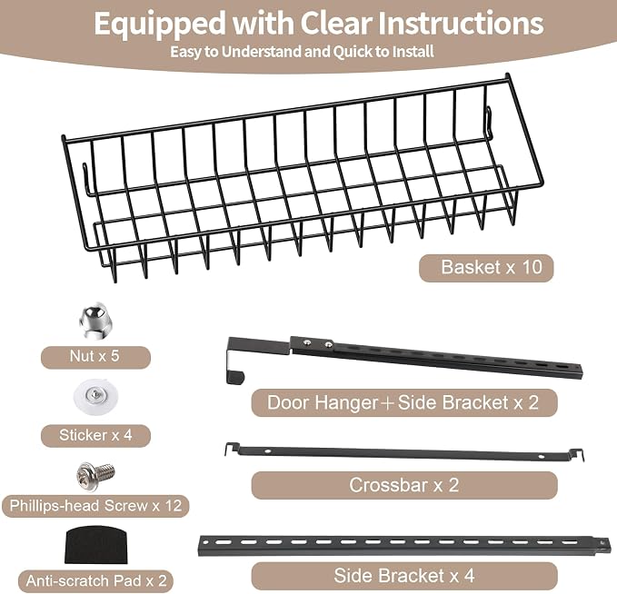 ElegantArray 10-Tier Pantry Door Organizer, Black | Over The Door Rack, Hanging Spice Rack Shelves, Kitchen & Bathroom Storage, Home Office & Laundry Room