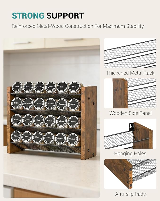 NESAPTO Spice Rack Organizer with 24 Glass Spice Jars, Wood 4-Tier Seasoning Organizer with Labels for Cabinet, Pantry, Countertop or Wall Mount, Chalk Marker and Funnel Set, 12.2" W × 9.4" H