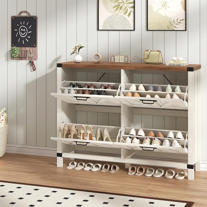 47" Farmhouse Shoe Cabinet with 4 Flip Drawers for Entryway, Hallway | Slim Shoe Rack Freestanding Shoe Organizer with Barn Door, Brown and White