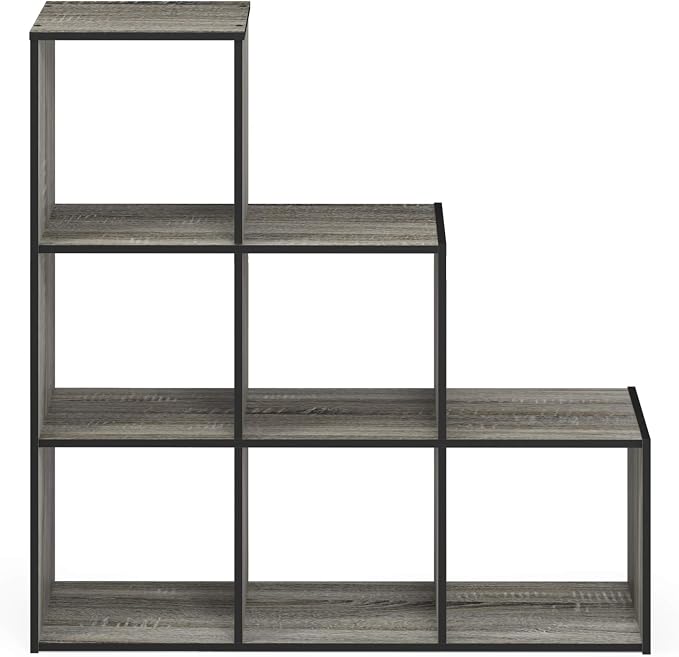 Furinno Pelli 3-2-1 Cubic Storage Cabinet, French Oak Grey/Black | 11.8 x 36 x 35.6, Open Frame, 6-Cube Storage Organizer Cabinet, for Living Room, Bedroom, Home Office
