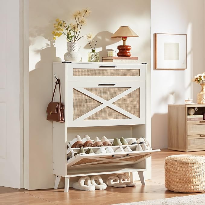 LEYAOYAO Shoe Cabinet Storage for Entryway with 2 Flip Drawers Rack Narrow Organizer Slim Hidden Wood Shoe Cabinet Furniture Off White
