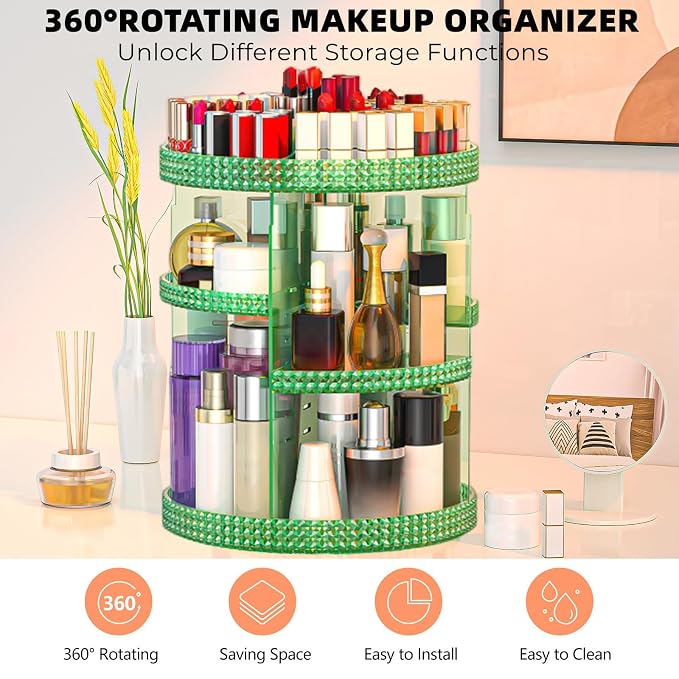 360 Degree Rotating Makeup Organizer, Extra Large Capacity Organizador De Maquillaje, Removable DIY 7 Layers Cosmetics Organizer, Acrylic Perfume Organizer for Vanity Countertop (Green)