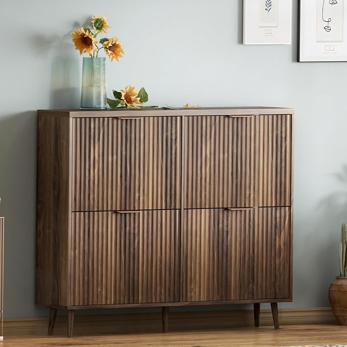 Shoe Cabinet Storage,Modern Freestanding Organizer with 4 Flip Drawers,Narrow Shoe Rack Cabinet for Entryway,Walnut