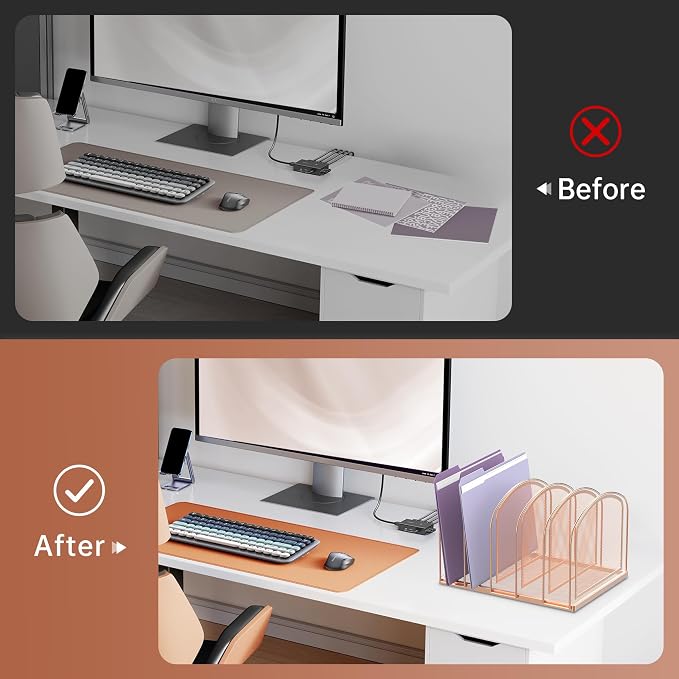 5-Section File Organizer for Desk, Metal File Folder Holder, Rose Gold | 5 Vertical Compartments with Sturdy Metal Base for Office Documents Books Magazines and Laptop