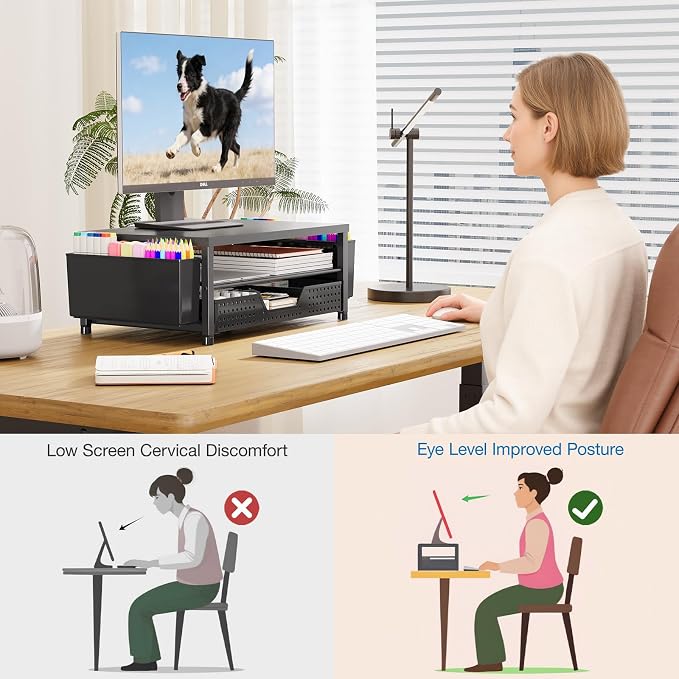 OPNICE Desk Organizers and Accessories, Computer Monitor Stand Riser with Drawer and 2 Pen Holders, Printer & Laptop Stand, Office Desk Accessories & Workspace Organizers for Home Office Supplies, Black 2-Pack