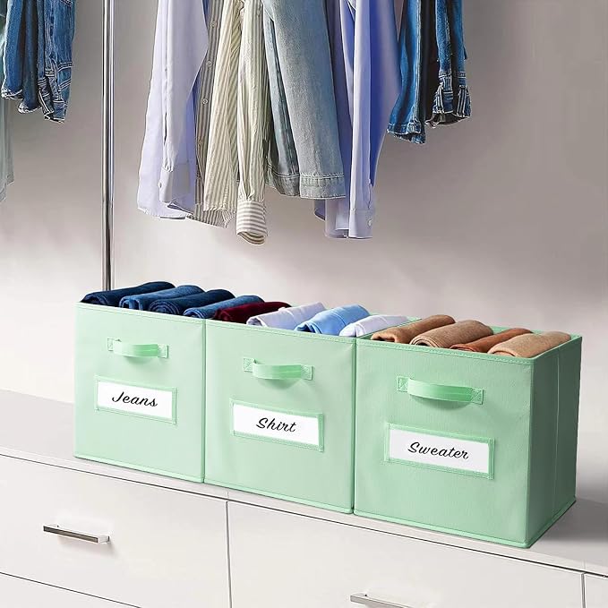 13x13x13 storage cube bins(Set of 8) Fabric storage cubes with 8 Labels Window Cards & a Pen, storage cubes 13x13, Collapsible 13 inch cube storage bins, Cubby Organizer Boxes, Grass Green