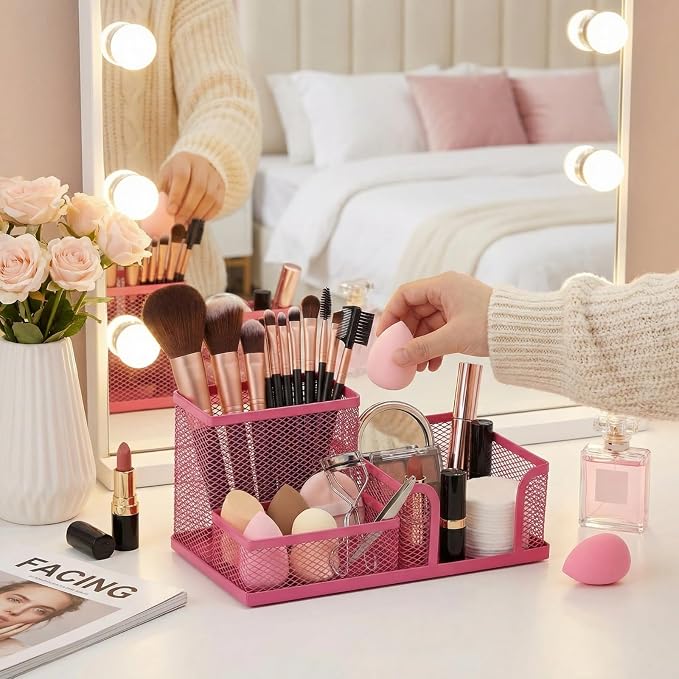 Ferraycle 4 Pcs Mesh Desk Organizer 3 Compartments Mesh Pen Holder Sticky Notes Pencil Holder Metal Caddy Desk Pen Organizer for Desktop Accessories Storage Baskets Home Office School(Pink)