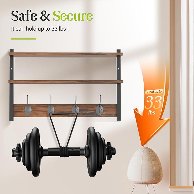 2 Tier Coat Rack Wall Mount with Shelf, 33" Wall Shelf with Hooks, Entryway Key Holder for Wall with 8 Heavy Duty Double Hooks, Coat Hook Wall Mounted for Bedroom, Living Room, Rustic Brown