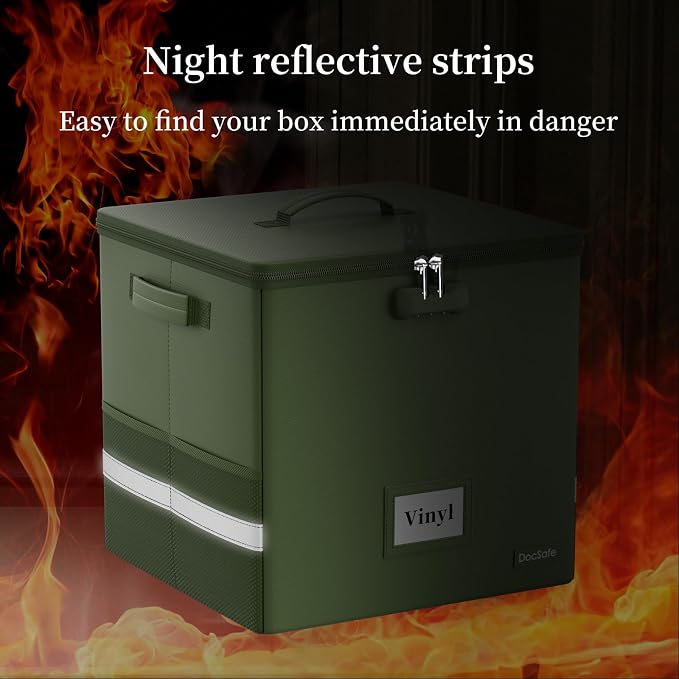 DocSafe Vinyl Record Storage Box with Lock,Fireproof Record Organizer Storage for 100+ Single Records(12-inch), Collapsible Storage Crate with Lid & Handles for Valuable Album Collection,Green,2 Pack