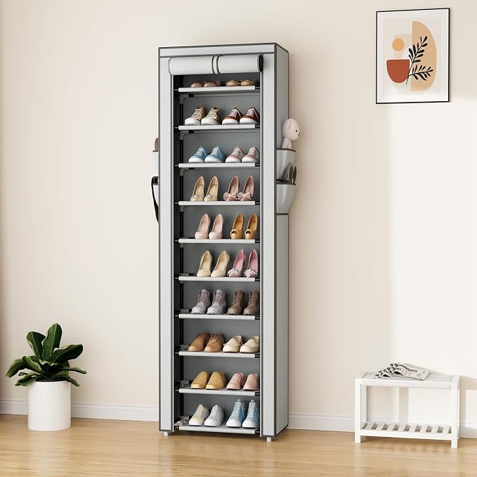ROJASOP Shoe Rack with Covers 10 Tier Large Shoe Organizer Tall Shoe Closet Storage for 20-22 Pairs Shoe and Boot, Free Standing Shoe Rack Organizer for Closet, Entryway, Bedroom, Grey