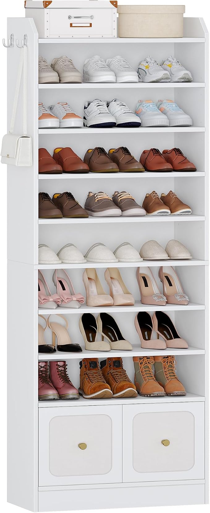 Hzuaneri Shoe Storage Cabinet, 10 Tiers Shoe Cabinet with 2 Cloth Drawers, Wooden Freestanding Shoes Organizer with 2 Hooks, 30-35 Pairs, Shoes Cubby Organizer for Entryway, White SR56303MI | Wooden Freestanding Shoes Cabinet with 2 Hooks, 30-35 Pairs,...