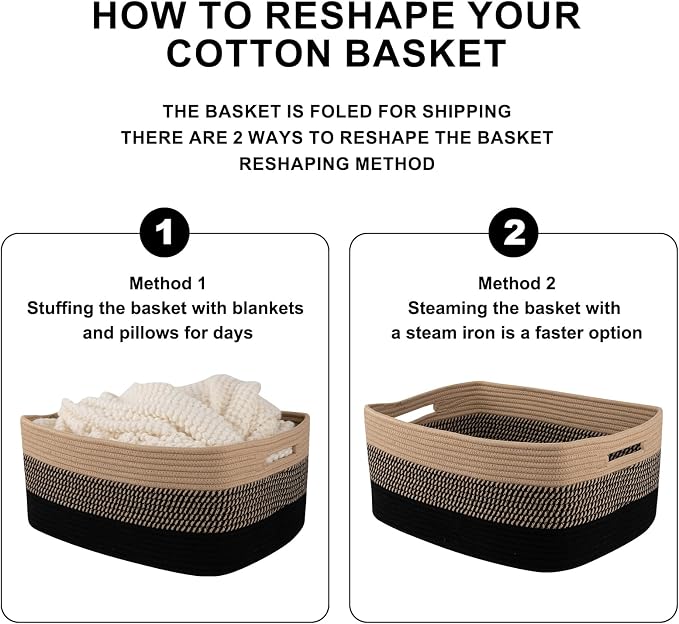 OIASKET Large Storage Basket for Organizing, Woven Rope Basket for Shelves, Closet Organizer Bins for Clothes, Blanket, Toys, Baby Nursery Storage, 17.7" x 13" x 7.87", 2 Packs Black & Brown