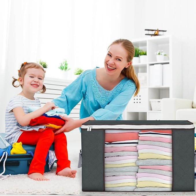 90L Large Storage Bags, 3 Pack Clothes Storage Bins Closet Organizers | Foldable Storage Containers, with Reinforced Handle, for Clothing, Blanket, Comforters, Bed Sheets, Pillows and Toys,Gray