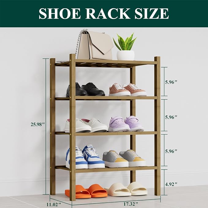 Smiry Bamboo Shoe Rack, 14 Vertical Slats, 4 Tier - 17.3" Wide, Walnut | Stackable Free Standing Wooden Shoe Organizer, Wood Shoe Storage Shelf for Closet, Entryway, Thicher Leg