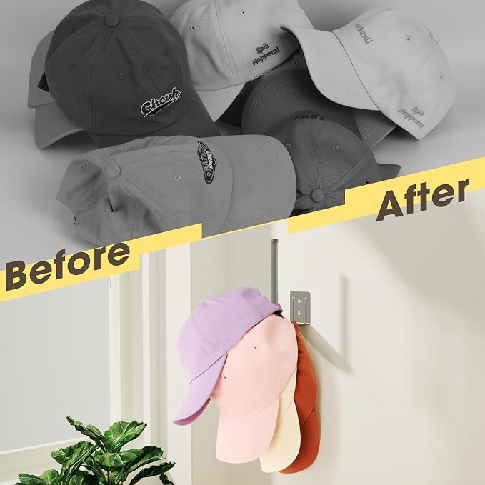Durmmur Stainless Steel Hat Organizer, Hat Rack for Wall,Each Holds 15 Hats | 2P Strong Adhesive/Wall Drilled Hat Holder, Hat Hooks, Hat Hanger Baseball Cap Organizer for Door,Bedroom,Closet(Grey 6 in)