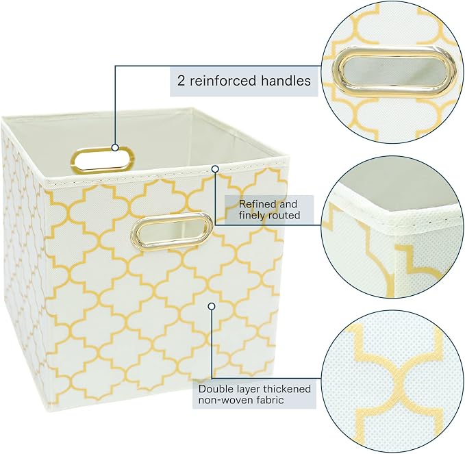 Fabric storage bins Cubes, Fabric Cube Organizer with Handle, Foldable Cube Bins for Cloth or Accessary Storage, 11x11x11, Set of 3, (Creamy-White Gold)