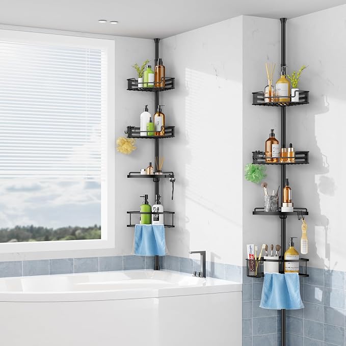 HAMITOR Corner Shower Caddy Tension Pole: Quick Installation 4-Tier Rustproof Bathroom Organizer Shelves for Bathtub Shampoo Storage - 47-121 inch Adjustable Floor Standing Bath Rack Holder - Black | No-Drill Setup, Adjustable Height Tension Pole, Rust...