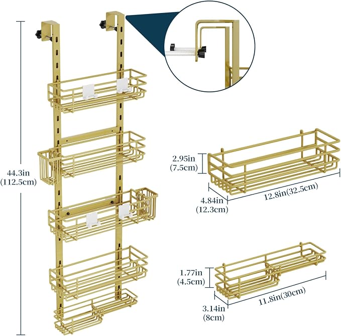 Consumest Over The Door Shower Caddy - 5 Tier Adjustable Shower Organizer Hanging with 2 Toothbrush Holders & 4 Hooks, Rustproof Organizer Shelf, Storage Rack for Bathroom, Gold
