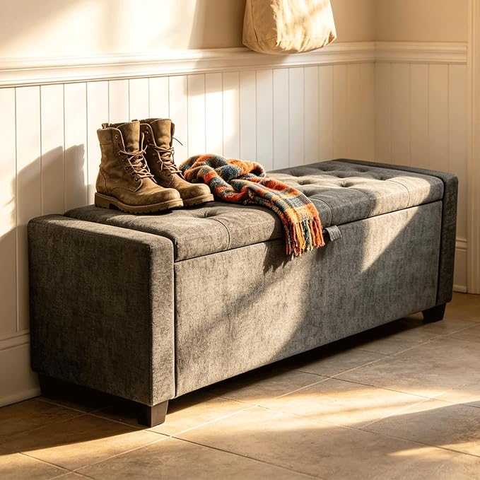 47" White Ottoman Bench, Comfort Bed End Storage Bench for Living Room | Versatile design works as a coffee table or footstool; easy assembly, sturdy structure, and comfortable padded cushion.
