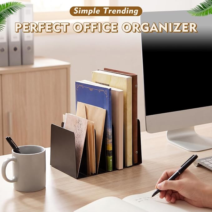 Suzile Metal Desktop File Organizer, 7 Compartments, Vertical File Sorter, Black, 5.51" W x 8.78" L x 4.49" H, Office, Reception Areas, Workspace
