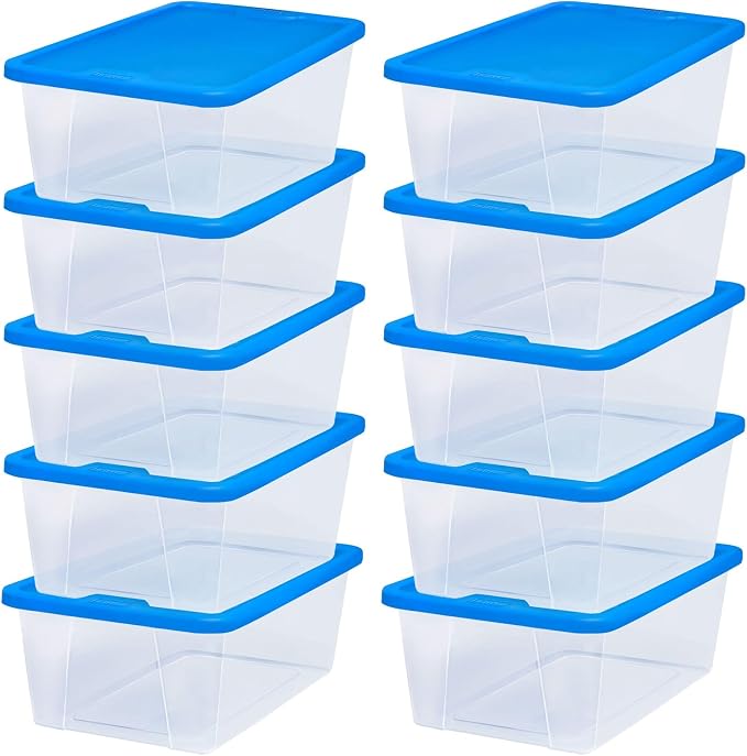 HOMZ Snaplock Clear Plastic Bin 6 Qt./1.5 Gallon | Storage Tote with Secure Lid | for Home, Office, Garage, Dorm Room Organizer | Stackable & Nestable | Blue Lid, Pack of 10