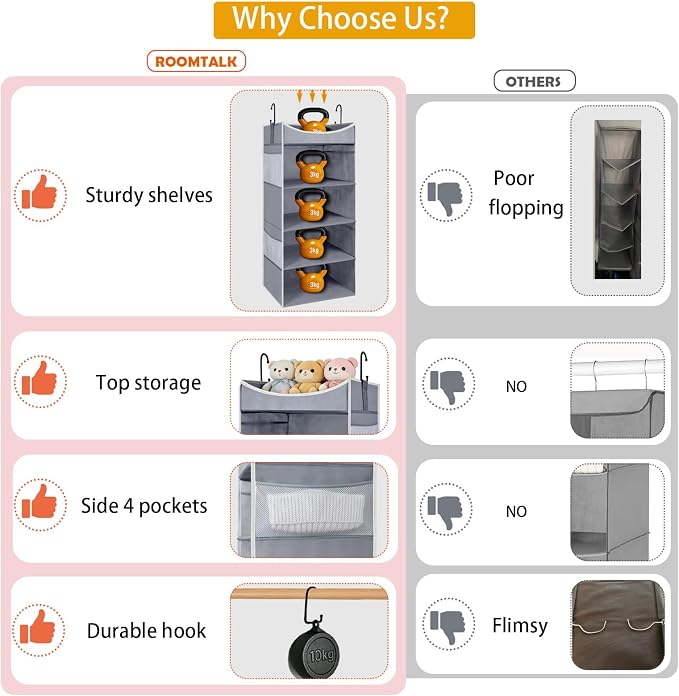 4-Shelf Hanging Closet Organizer and Storage with 4 Side Pockets, Collapsible Closet Hanging Shelves for Storage, Grey