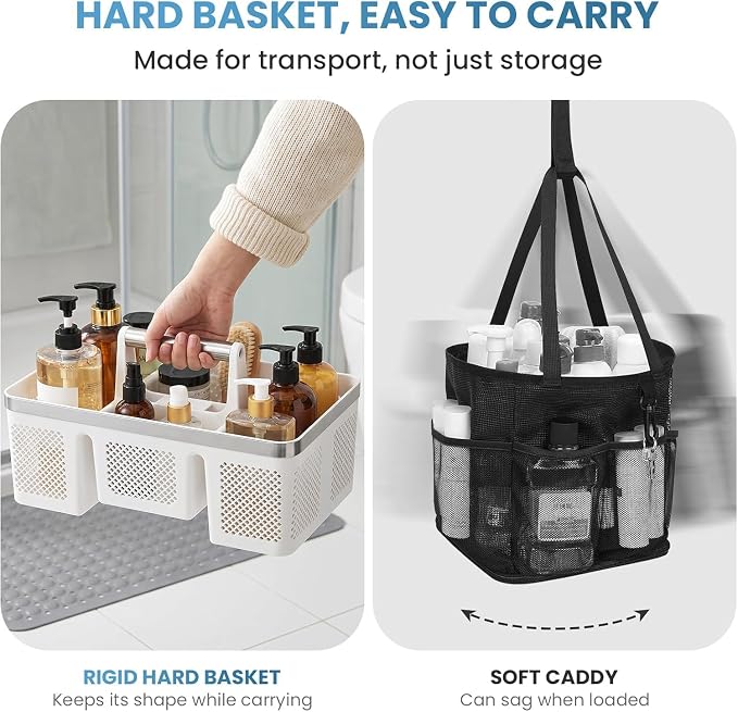 BYUNER Plastic Shower Caddy Dorm: Portable Shower Basket Tote with Handle, 4 Compartments, All-Side Drainage, Hard Bathroom & Cleaning Caddy Organizer for college Dorm Room Essentials, White/Silver