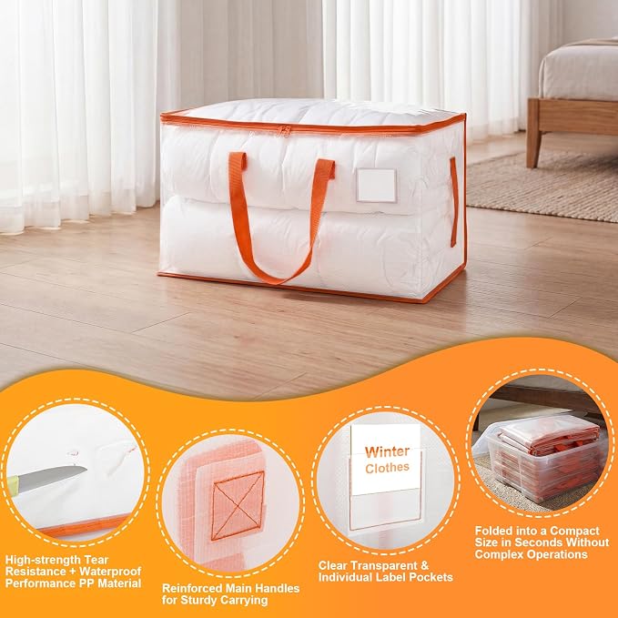 KYODOLED 6-Pack Clear Moving Bags Heavy Duty Extra Large, Storage Totes with Reinforced Handles & Label Pocket, Transparent Packing Containers for College Dorm, Clothes, Bedding, Home Organization