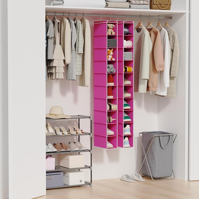 MAX Houser 2 Pack 10 Tier Slim Hanging Shoe Organizer, Narrow Closet Hanging Storage Shelf, Pink