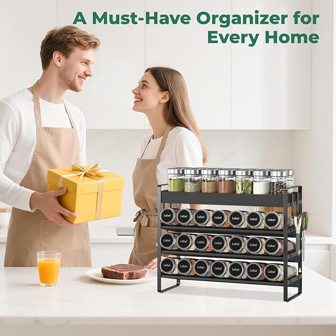 EsLuker.ly Spice Seasoning Rack Organizer Kitchen Countertop, 4 Tier Bamboo | Shelf Holder Storage with 4 Hooks, Wall Mounted Freestanding Stand for Pantry, Quick Spice Access(Jars Not Included), Black