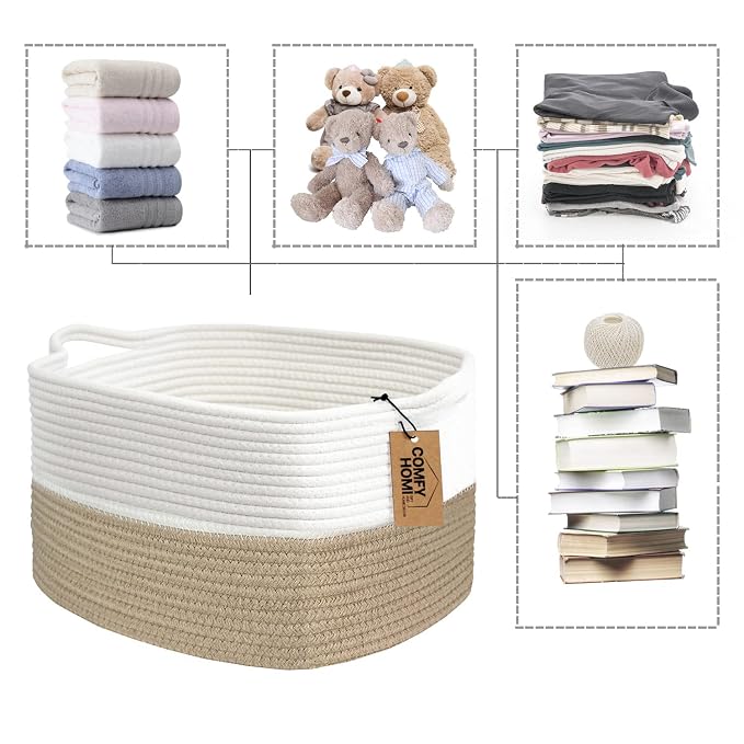COMFY-HOMI Cotton Rope Woven Basket with Handles for Shelves,Toys,Book, Cloth Storage Baskets Bin for Organizing- 1 PCSToy Decorative Organizer for Living Room, Bathroom