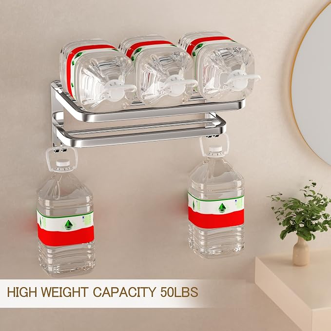 15 Inch Bathroom Towel Rack Towel Shelf with Double Towel Bars Lavatory Wall Mount Holder with Hooks Stainless Steel Hotel Bath Rack