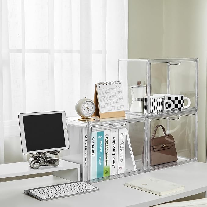 LXLXXL Acrylic Display Case, 4-Pack XL Stackable Bins with Magnetic Lid | Stackable Storage Bins 4 Pack XL, Clear Acrylic Box with Magnetic Lids for Figures and Cosmetics, Dustproof & Space-Saving