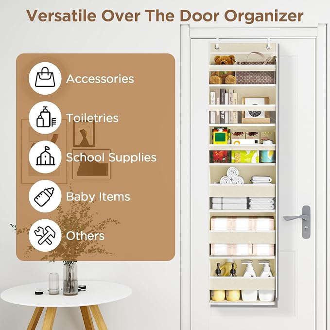 Over The Door Organizer, 6 Tiers Behind The Door Storage Hanging Shelves | Heavy Duty Hanging Organizer Storage with Large Capacity Pockets for Closet Wall Bathroom Bedroom Nursery Pantry, 1 Beige