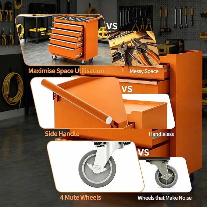 Garvee Rolling Tool Chest, 6 Drawers Tool Storage Cabinet, Toolbox with Wheels, Portable Tool Cabinet Organizer with Locking System & Drawer Liners, Tool Storage Cart for Garage, Workshop, Orange